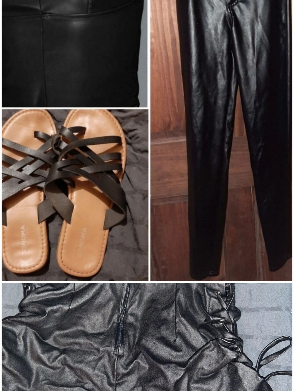 Black Faux Leather Pants Corset Crop Top Side Tie Shorts Slip- On Sandals BUNDLE